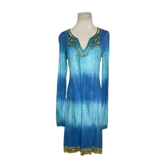 Hale Bob  Blue Yellow Tie Dye Long Sleeve Beaded Jersey Dress Size Small - Picture 8 of 13